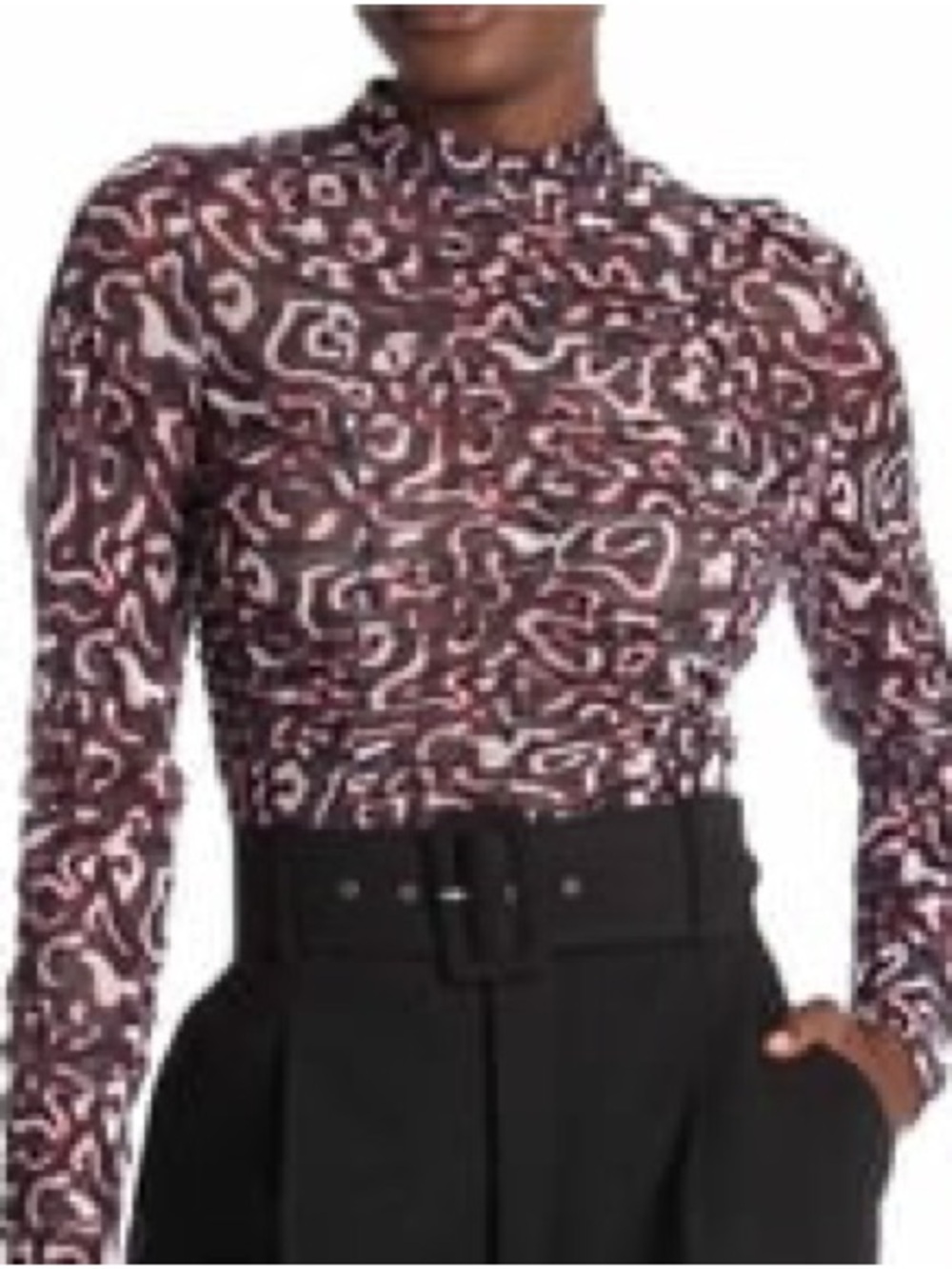 Rebecca Minkoff Long-Sleeve Mock Neck Printed Top - Burgundy/Pink